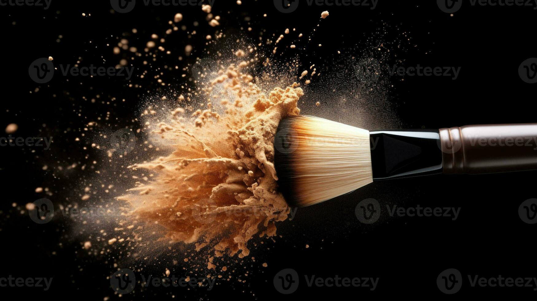 face brush with powder foundation explode on black background. facial cosmetics makeup. generative AI photo