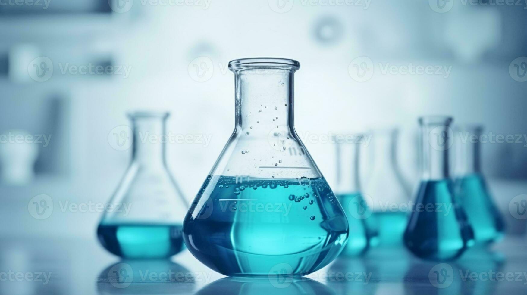 Laboratory flasks contain chemical liquid on white table in  laboratory room. medical research and chemistry study concept. generative AI photo