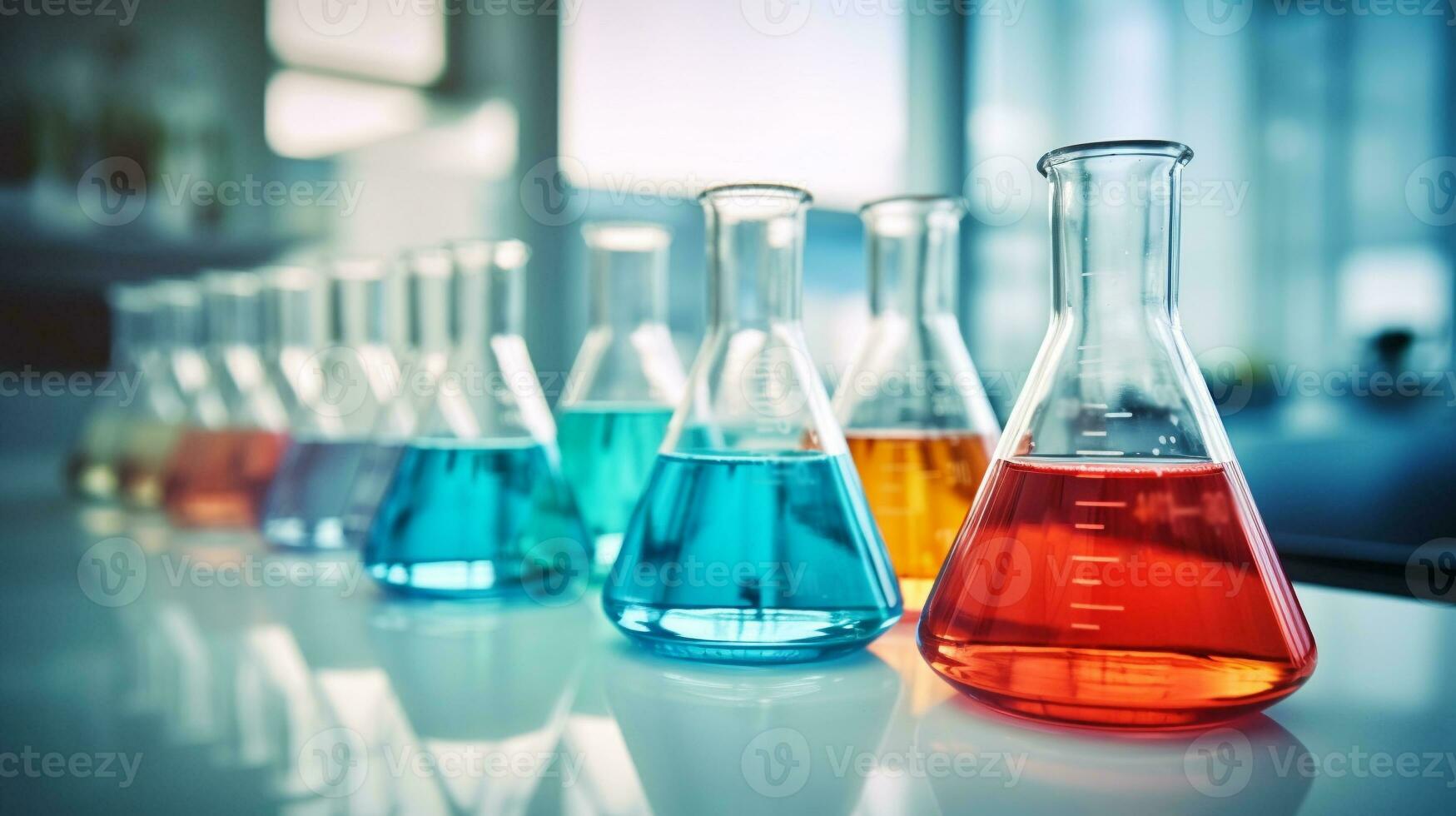 Laboratory flasks contain chemical liquid on white table in  laboratory room. medical research and chemistry study concept. generative AI photo