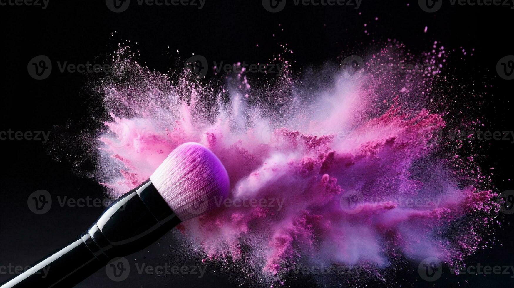 face brush with powder foundation explode on black background. facial cosmetics makeup. generative AI photo