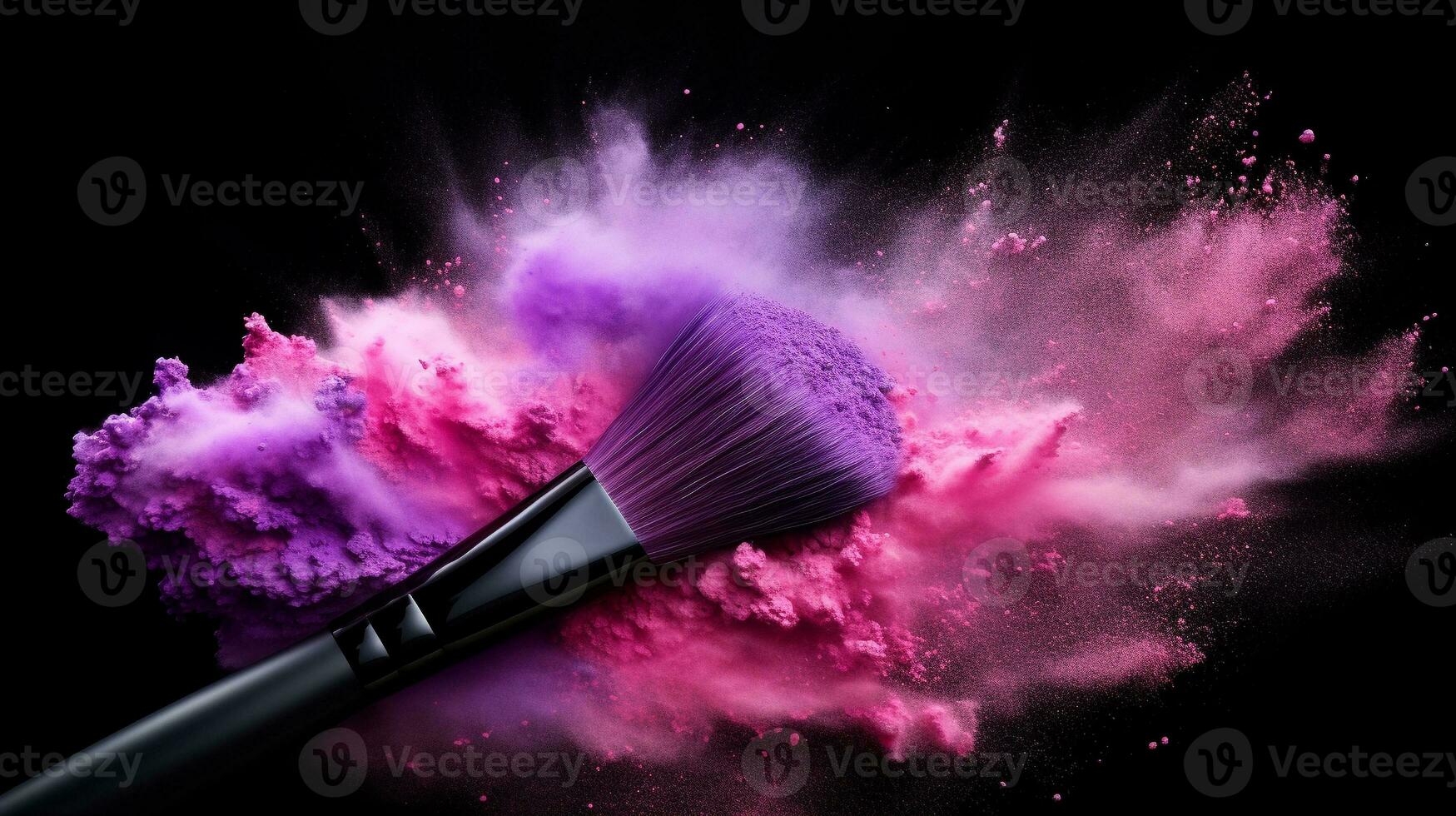 face brush with powder foundation explode on black background. facial cosmetics makeup. generative AI photo
