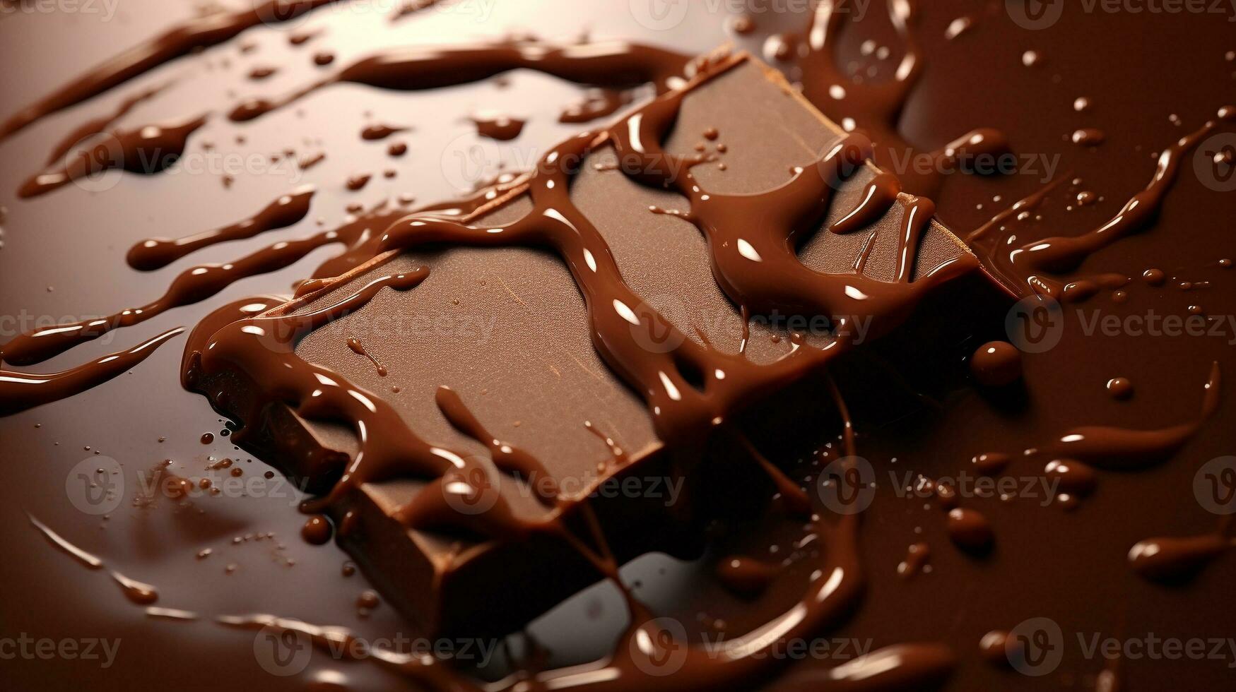 chocolate bar and melted chocolate splash on dark background. generative AI photo