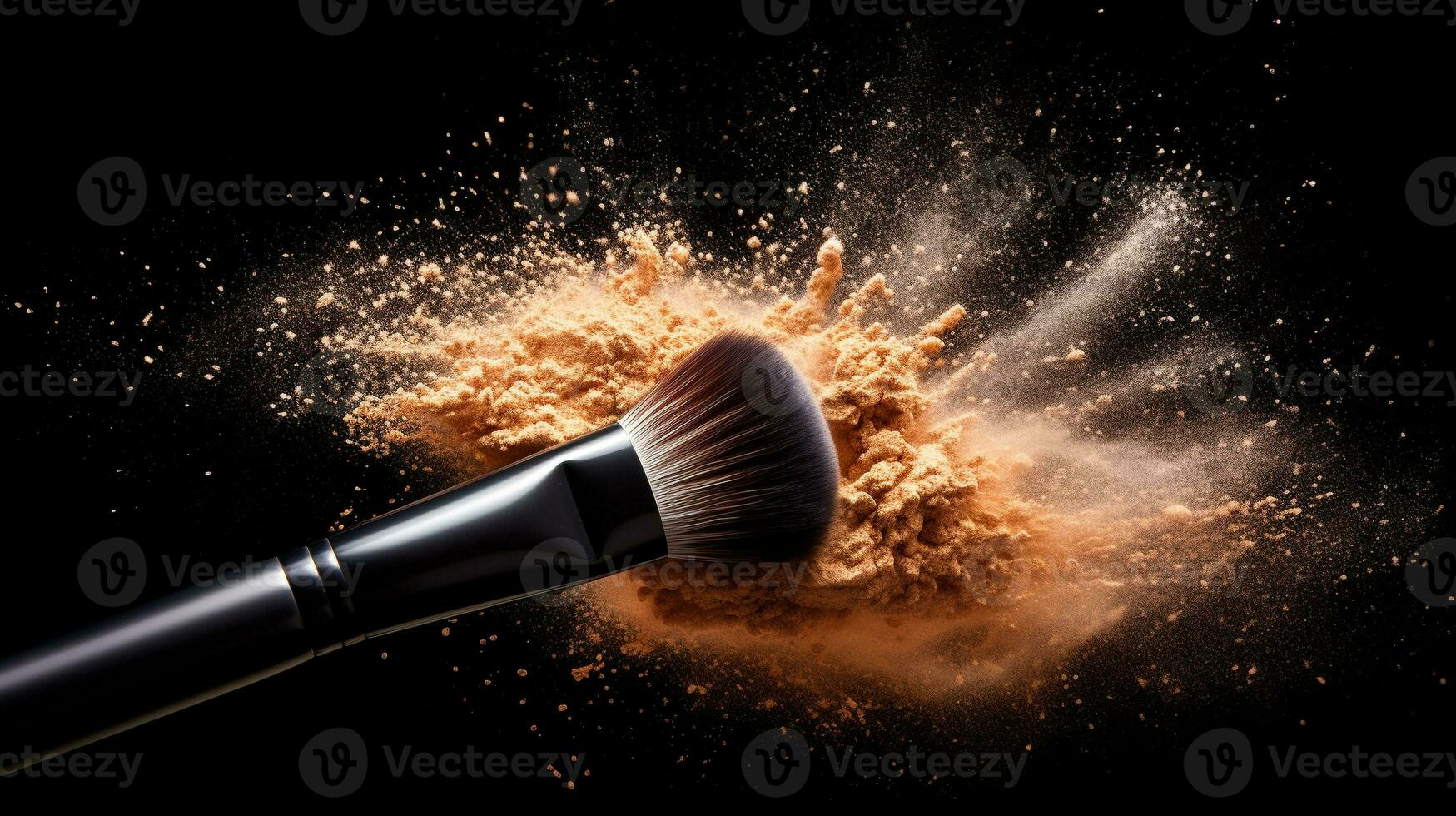 face brush with powder foundation explode on black background. facial cosmetics makeup. generative AI photo