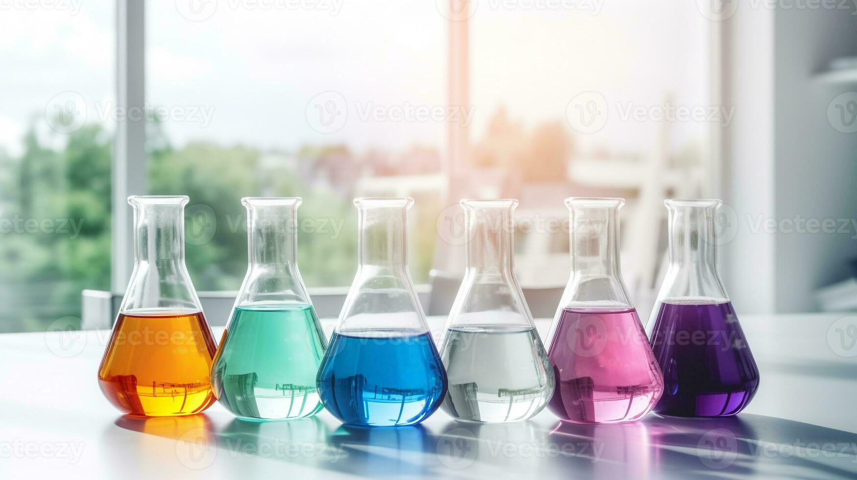 Laboratory flasks contain chemical liquid on white table in  laboratory room. medical research and chemistry study concept. generative AI photo