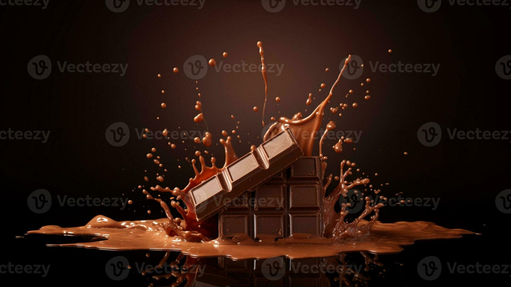 chocolate bar and melted chocolate splash on dark background.  generative AI photo