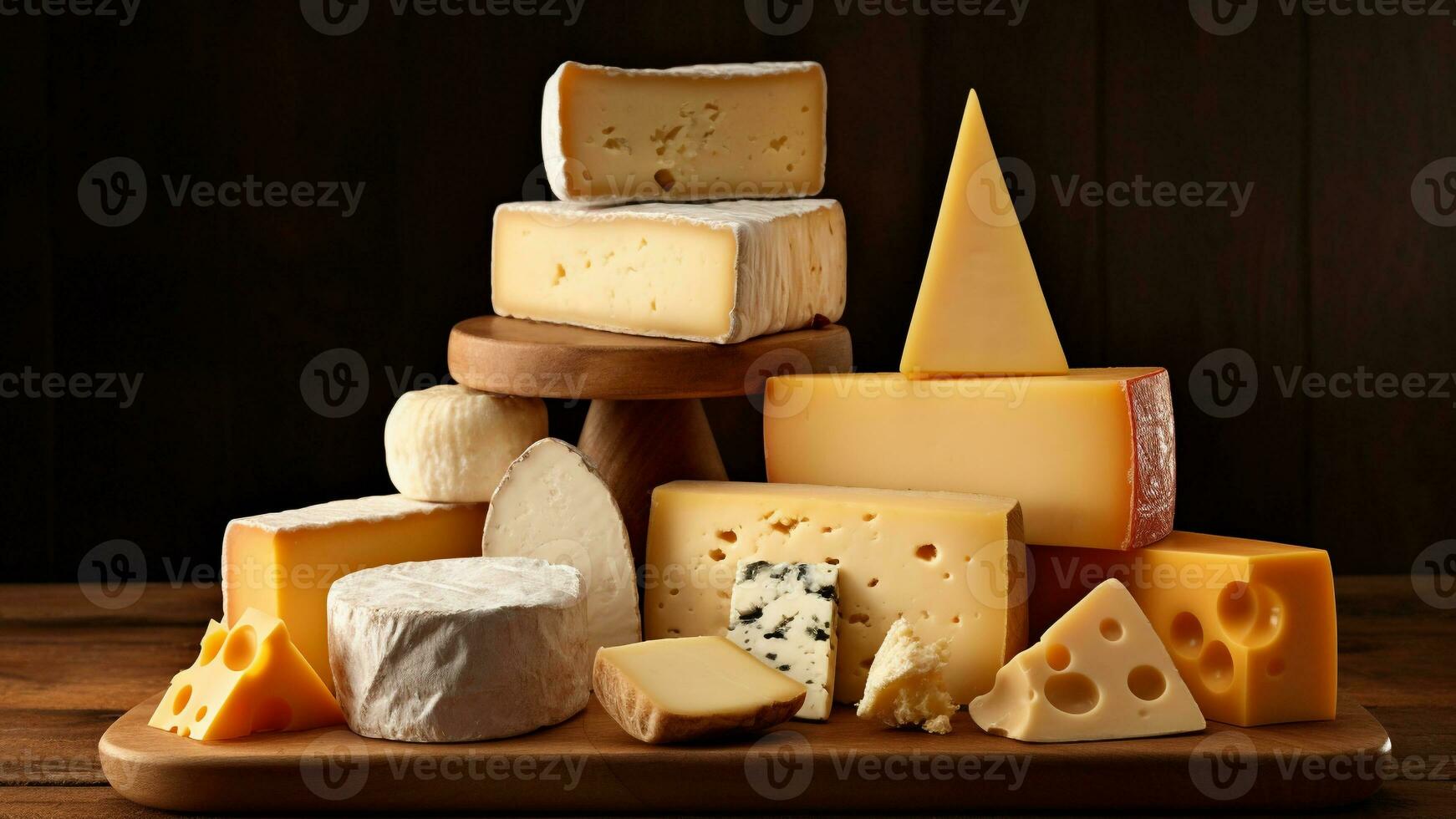 pile of cheeses on wooden board on dark background. generative AI photo