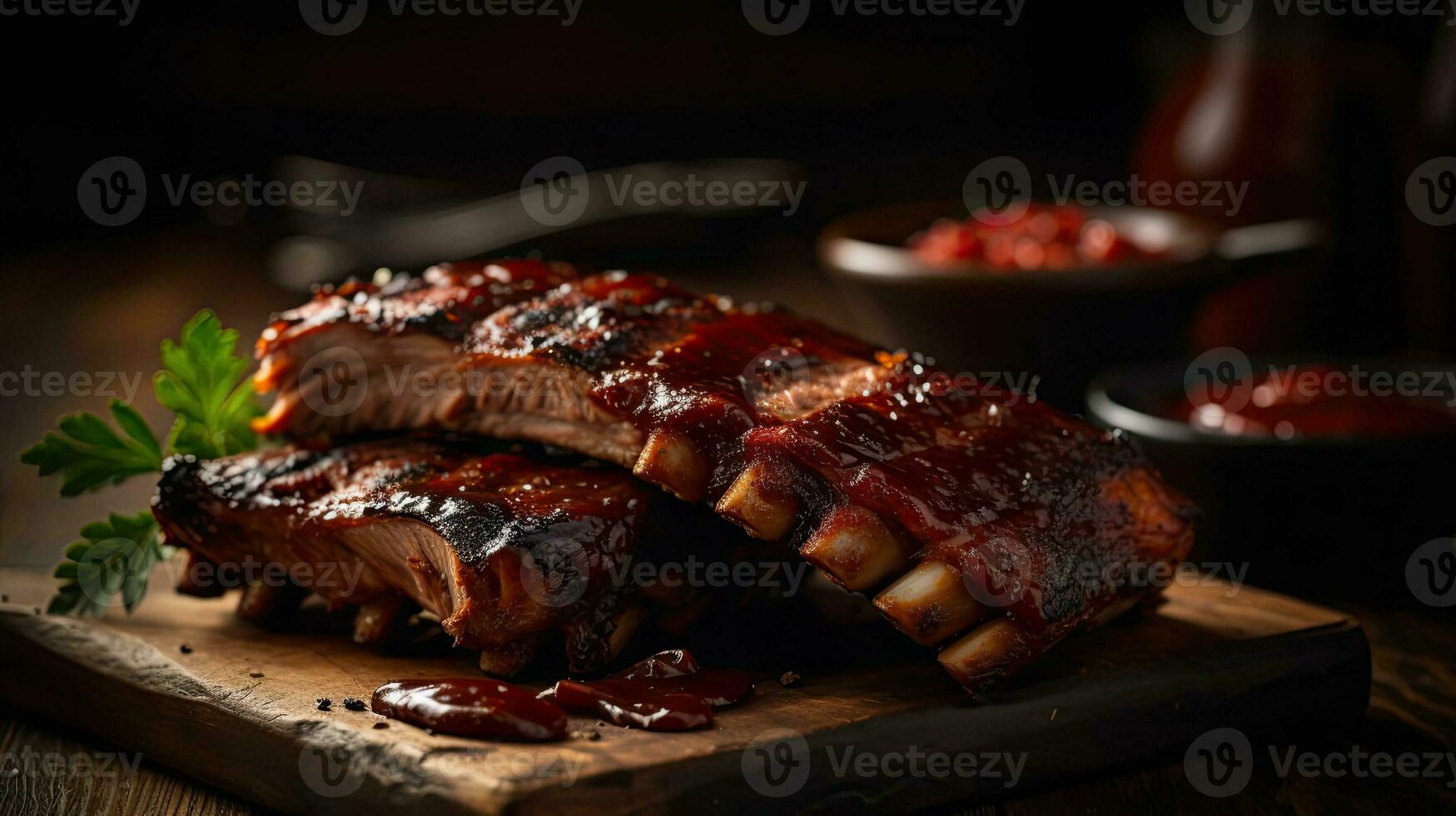 Smoky barbecue ribs with perfect combination and blur background, AI Generative photo