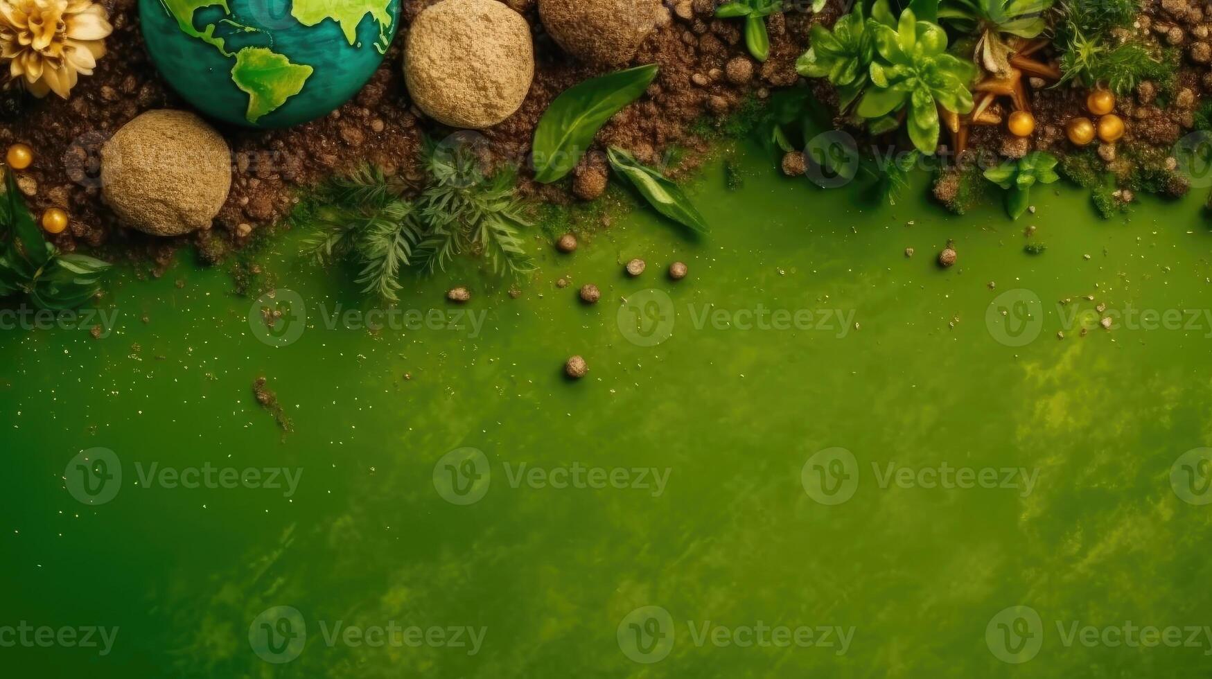 Top View of Earth Day Sale Banner with plant seeds and miniature earth on green background, photo