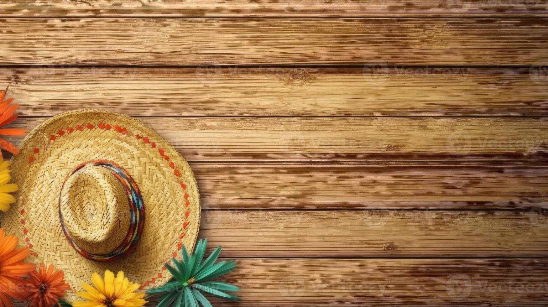 Round hat and Cinco de mayo ornament on wood background for Cinco De Mayo sale banner, photo