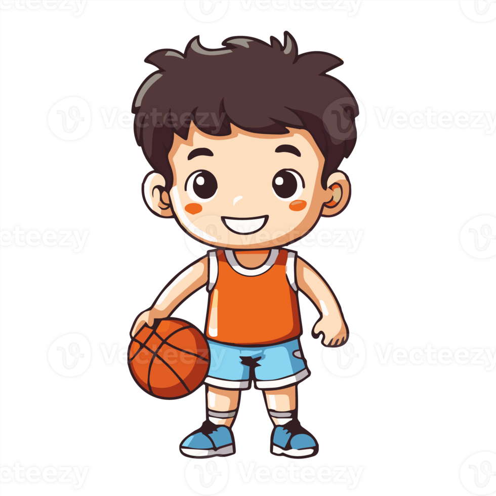 Cute kid boy play basketball  cartoon flat style illustration. Generative AI png