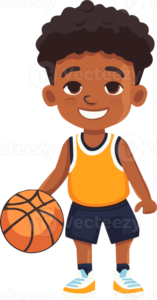 Cute kid boy play basketball  cartoon flat style illustration. Generative AI png