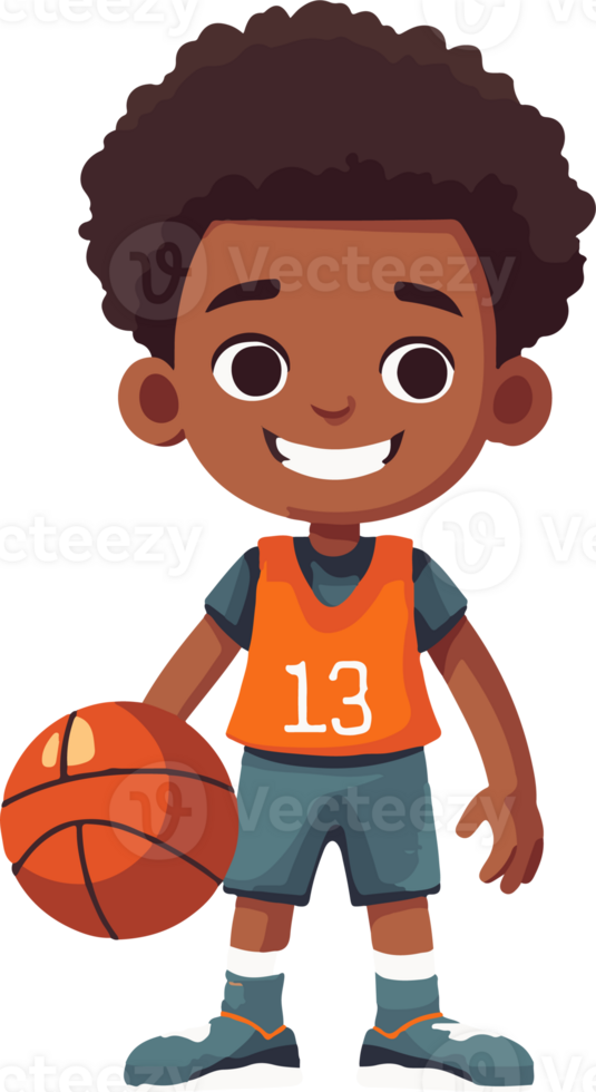 Cute kid boy play basketball  cartoon flat style illustration. Generative AI png