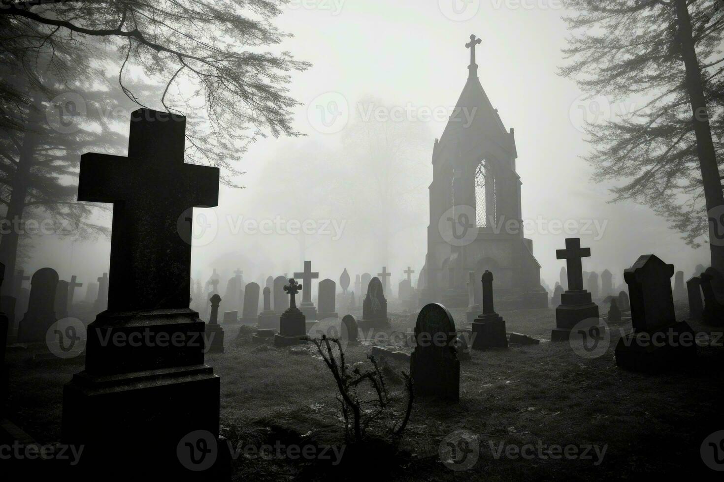 An early mist covering an grave yard with gravestones. The headstones in the foreground. Generative AI photo