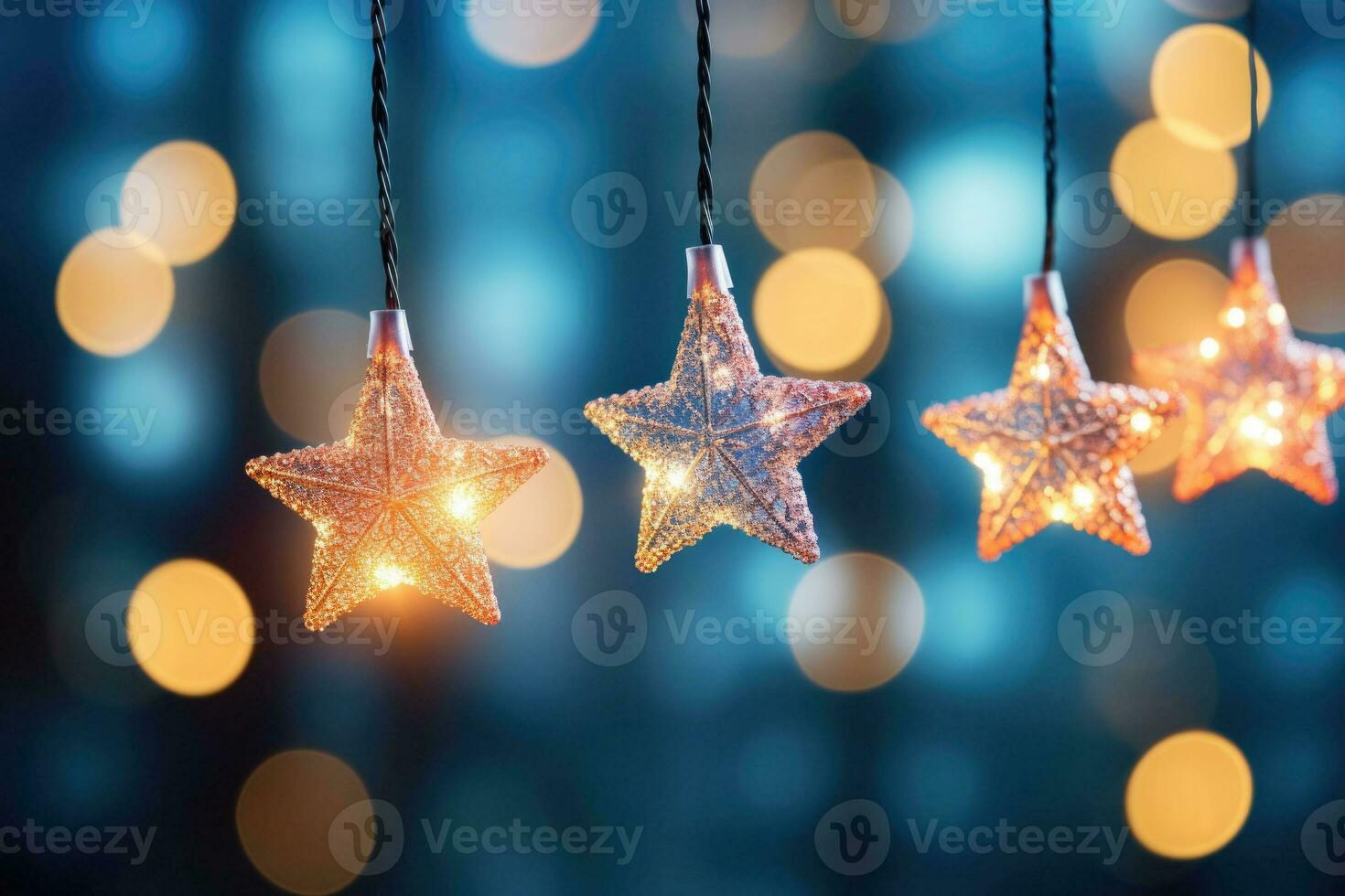 Christmas star lights on blurred background. Led string light decoration. AI generated photo