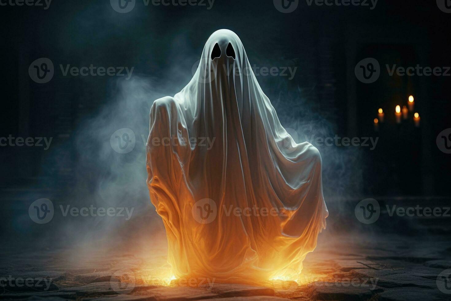 Realistic white scary ghost. AI generated photo