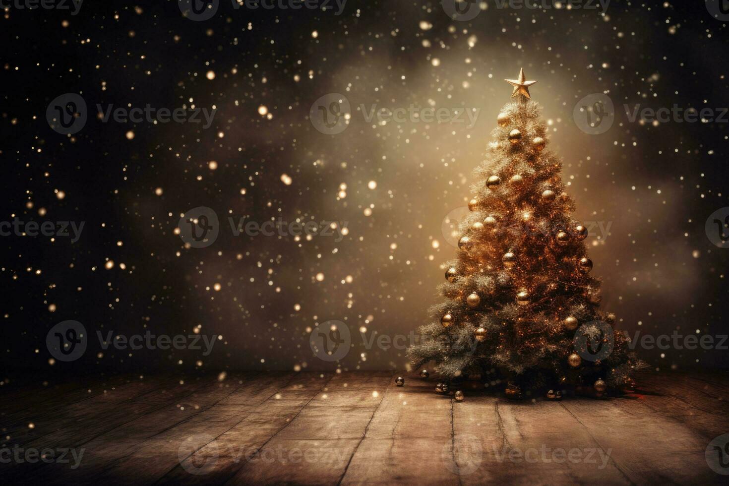 Decorated Christmas tree with garlands and balls on wooden floor. AI generated photo