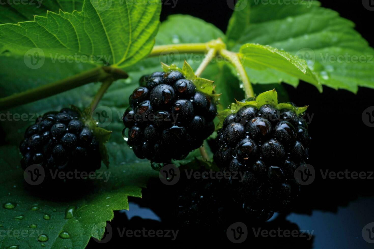 Blackberries with leaves. Branch of ripe blackberry in a garden on green background. Generative AI photo