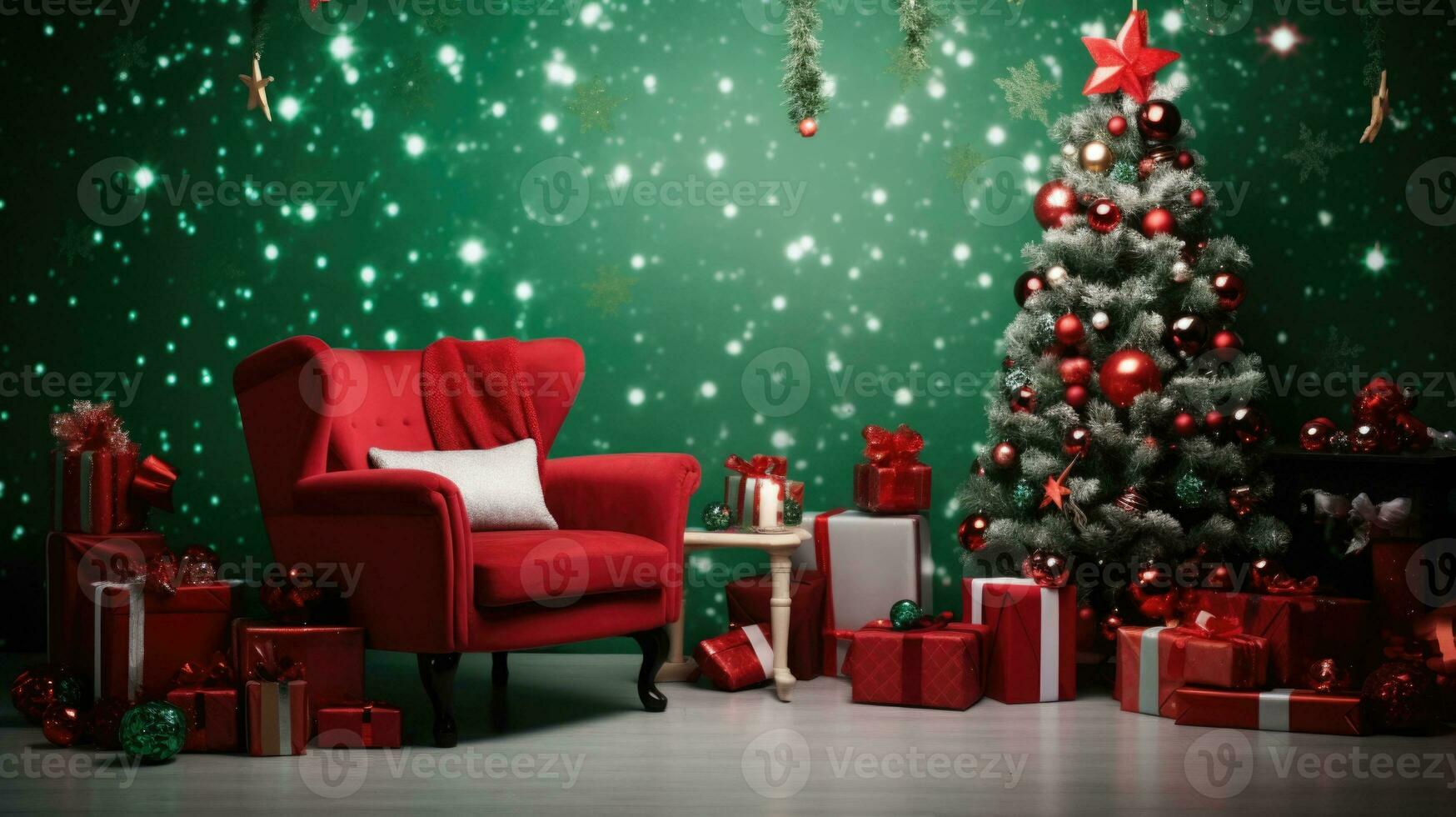 Winter or christmas cozy interior. Decorations, christmas tree, gifts and accessories. Red and green color. AI generated photo