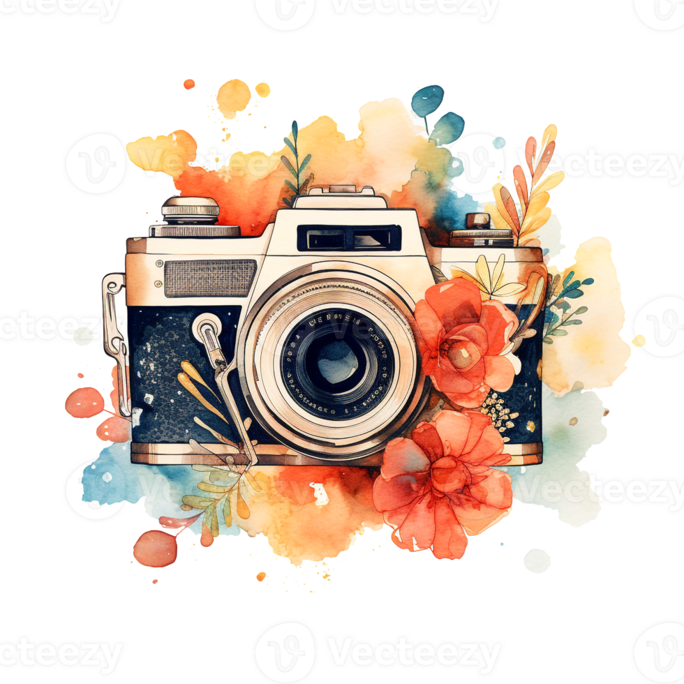 Watercolor retro vintage camera floral illustration png