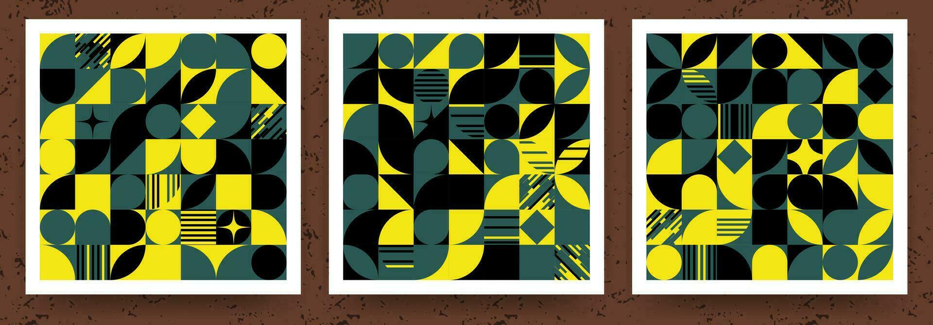 geométrico resumen obras de arte en Bauhaus Arte movimiento estilo en blanco marco. negro, gris, y amarillo contrastando color paleta. editable vector. eps 10 vector