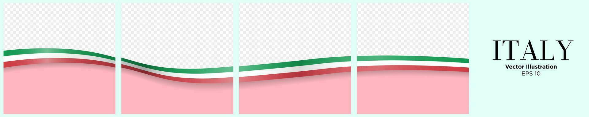 Set of Continuous Social Media Carousel Post Card Template of Italy Flag Ribbons, isolated. Editable Vector Illustration, EPS 10. Italy Flag Frames square. Silk Italian Flag Ribbon.
