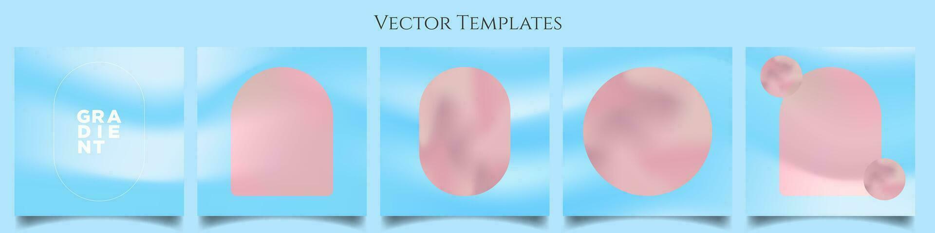 Set of Continuous Card Posters with tender blue Gradient Background and geometric pink shapes for copy space and design. Trendy Carousel Post Template. Editable Vector Illustration. EPS 10.