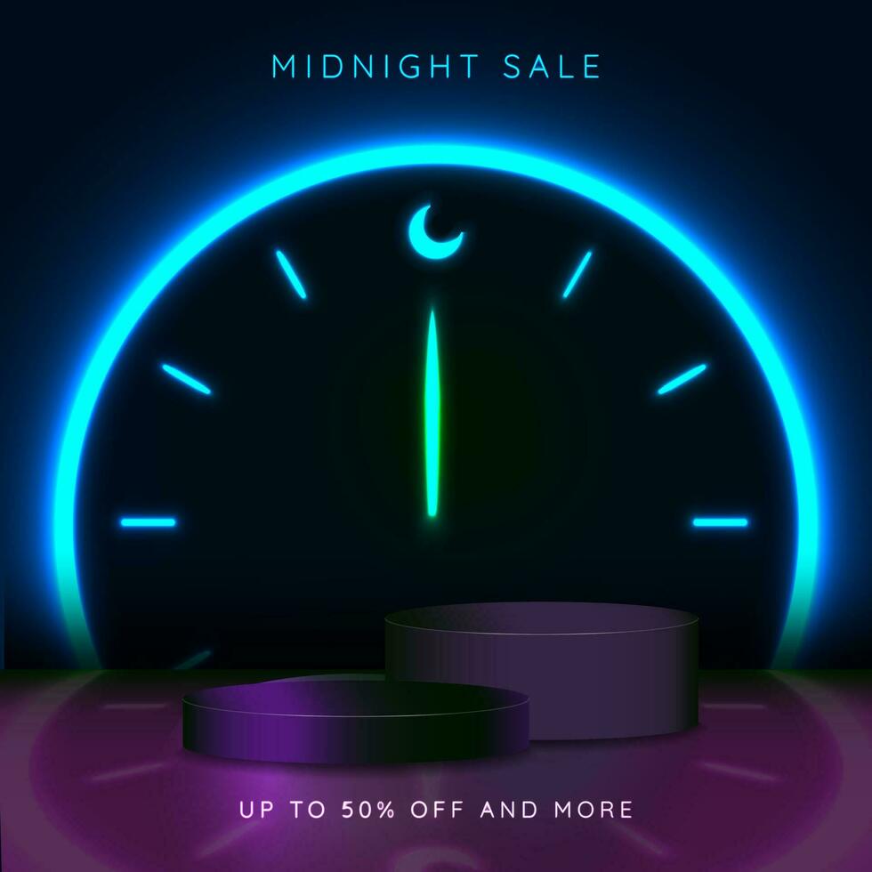 Midnight Sale Concept. Two 3d podium pedestal for product showcase. Scene with neon clock and typography. Clock hand pointing to 12 am with neon moon icon. Up to 50 off and more. Vector. EPS 10 vector