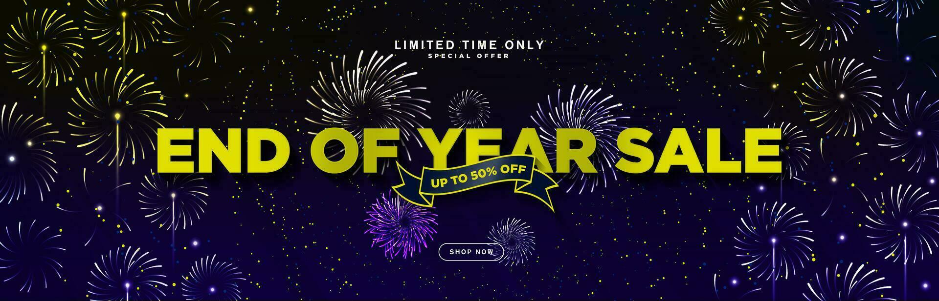 End of Year Sale Typographic Text Sales Banner with up to 50 off discount tag and shop now CTA button on dark background with fireworks. Editable Vector Illustration. EPS 10.