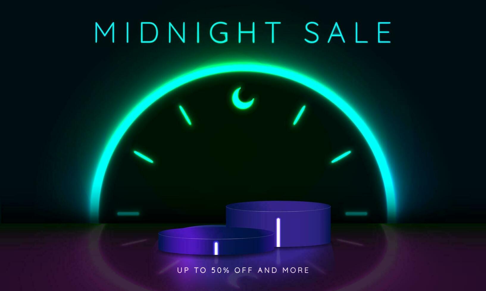 Neon Midnight Sale Banner with 3D new podium for products. Yellow and blue glowing lines forming a clock with the moon as 12 midnight. Up to 50 off and more. Editable Vector Illustration. EPS 10