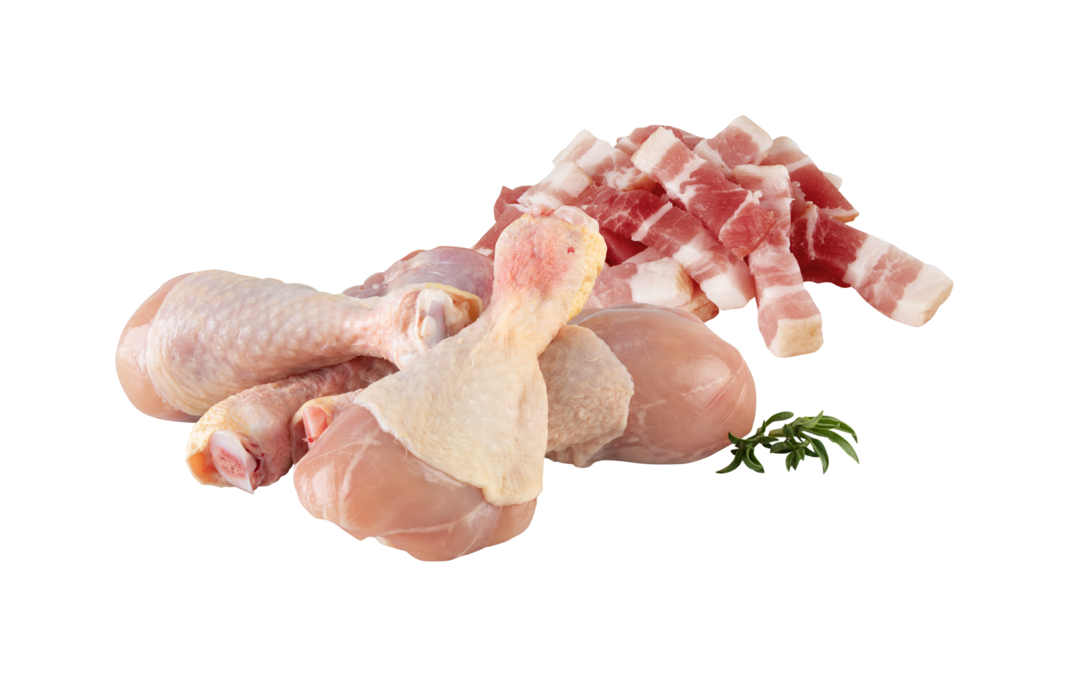 Fresh Chicken Drumstick and Pork Belly cut out, isolated transparent background png