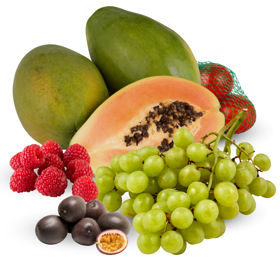 Mixed fruits, papaya, orange, grape, raspberry, passion fruit cut out, isolated transparent background png
