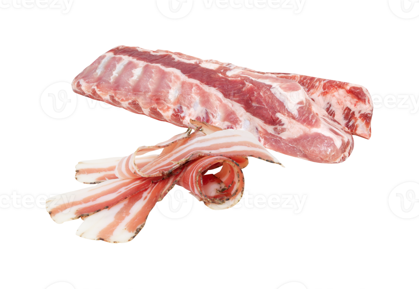 Fresh Bacon and Pork Ribs cut out isolated transparent background png
