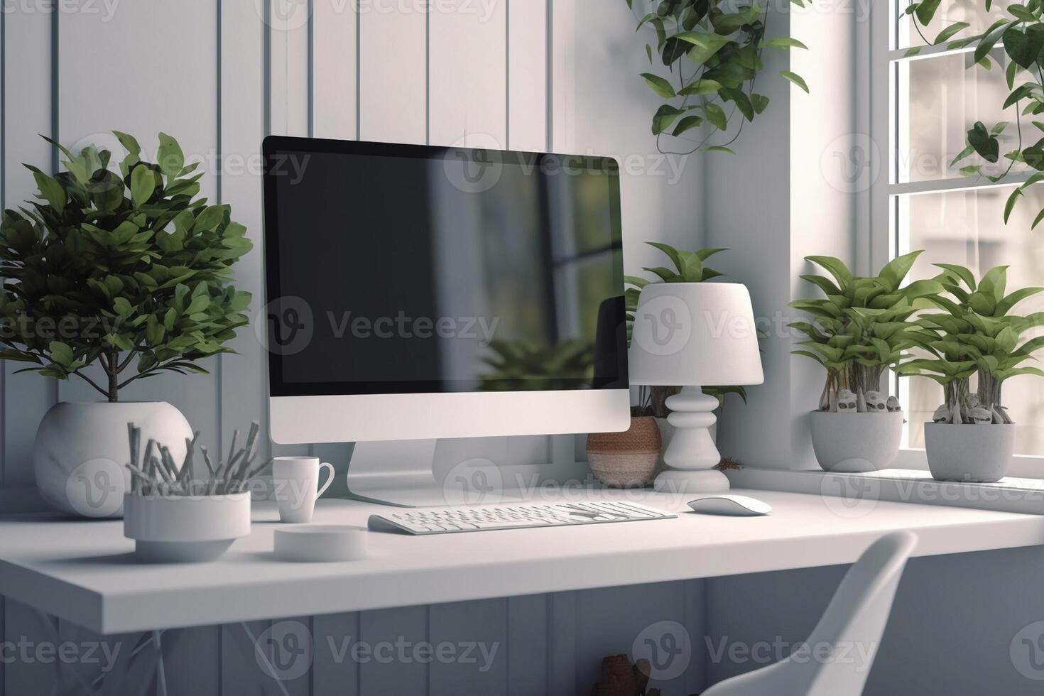 Office with modern desktop computer mockup, created with photo