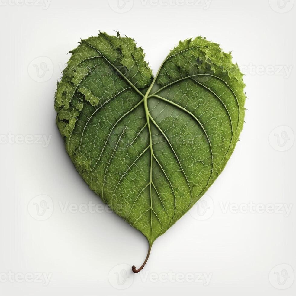 Green heart shape leaf isolated on white background, created with generative AI photo