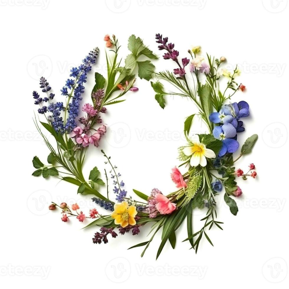 Wreath of wild spring flowers on white background, created with generative AI photo
