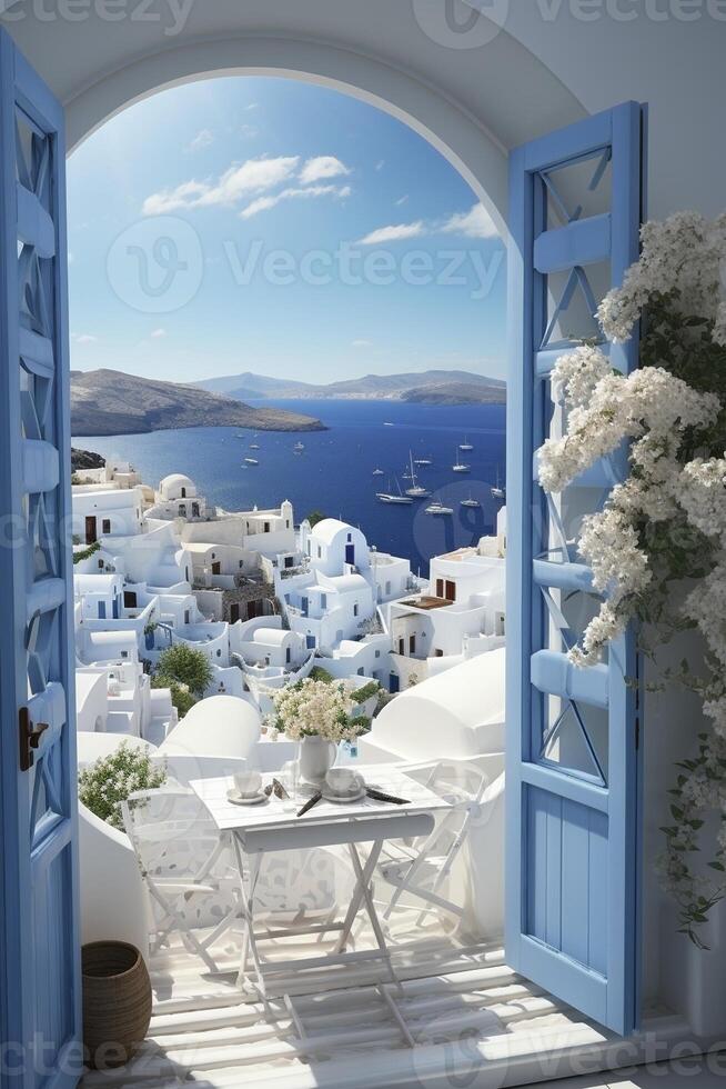 Open window with a view to a beautiful Greek scenery, created with photo