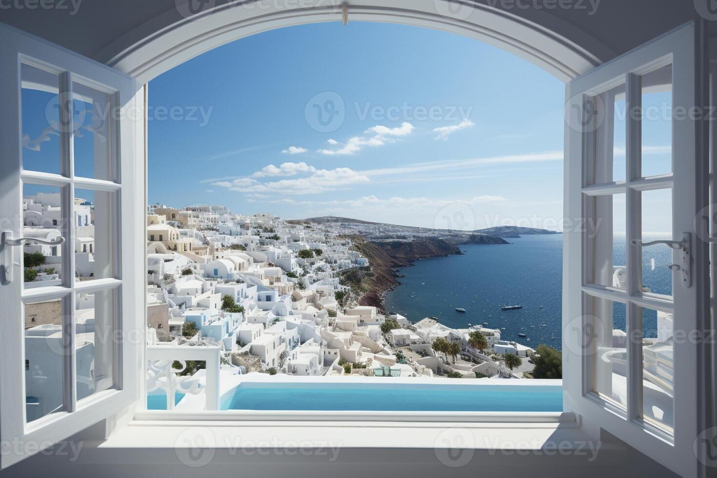 abierto ventana con un ver a un hermosa griego escenario, creado con generativo ai foto