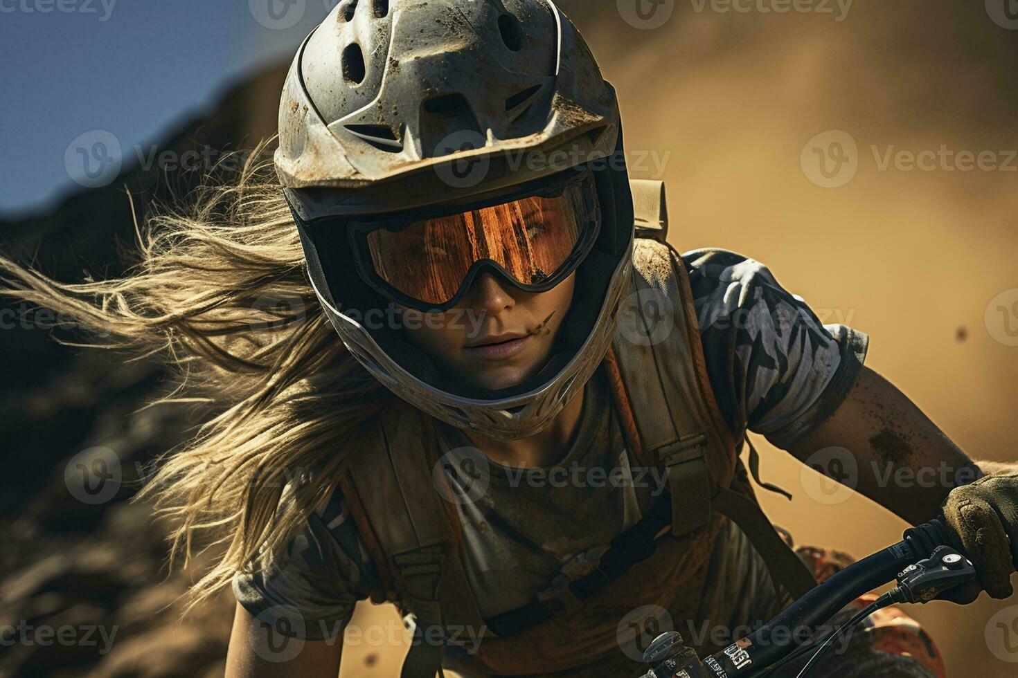 Front view at female downhill mountainbiker, created with generative AI photo