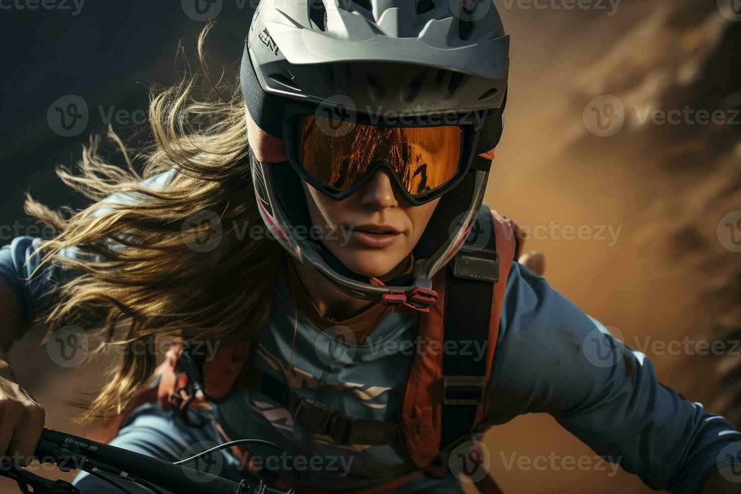 Front view at female downhill mountainbiker, created with generative AI photo