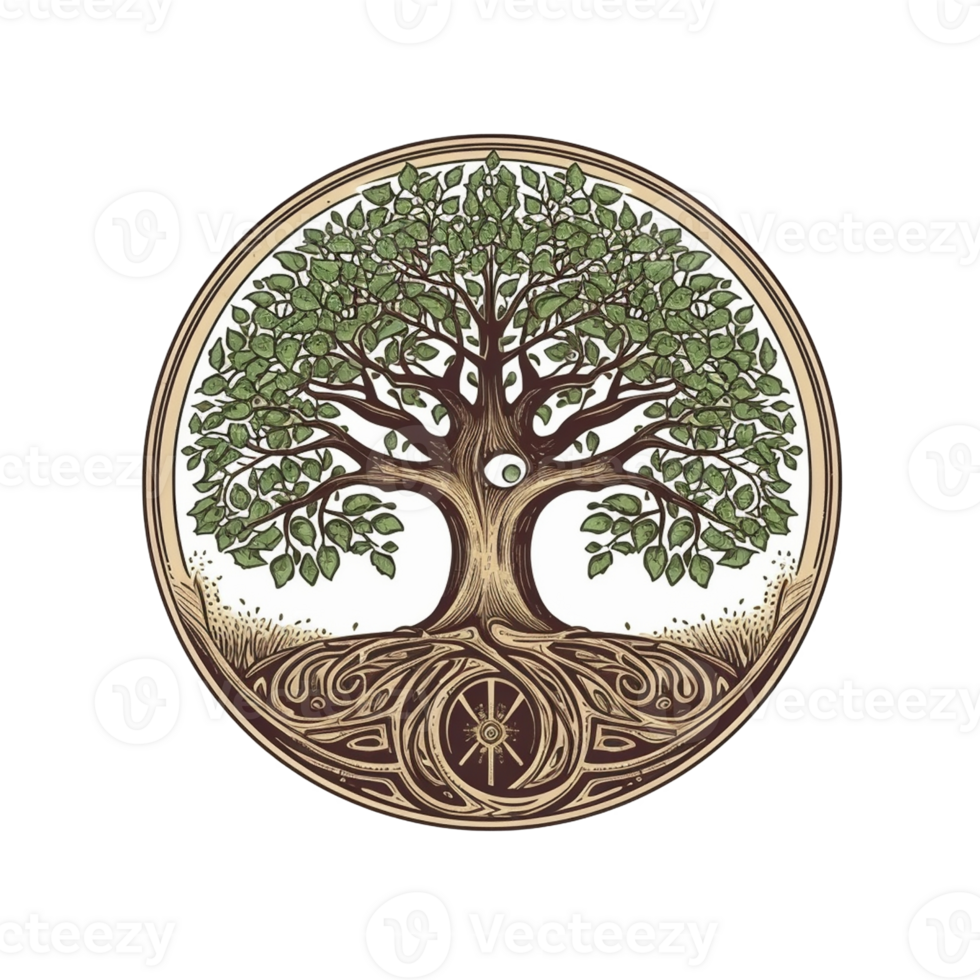 Stylized tree round logo on transparent background, created with generative AI png