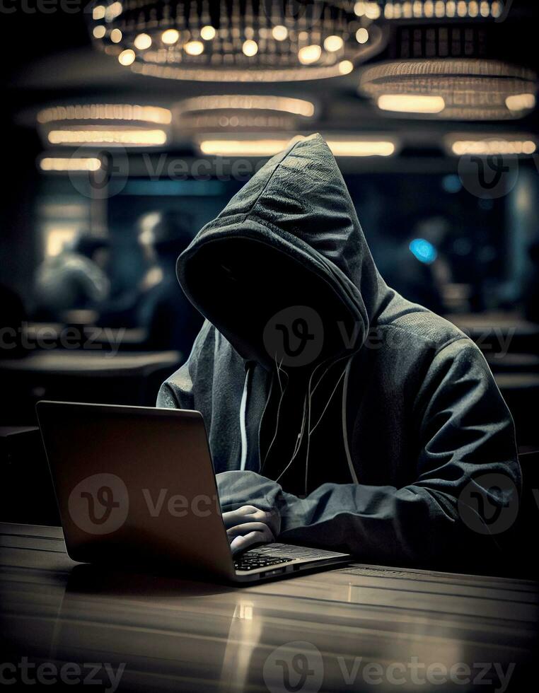 Hacker working on laptop in casino, created with generative AI photo