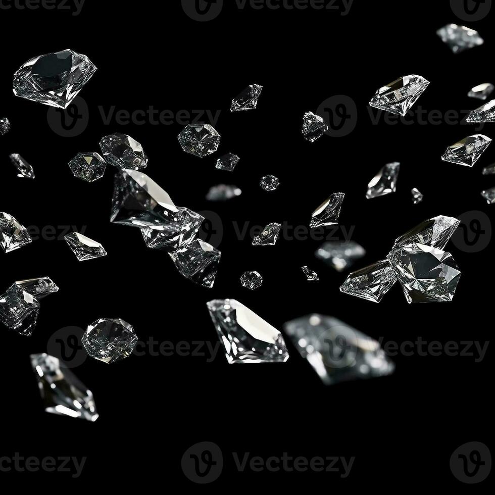 Falling diamonds on black background, created with generative AI photo