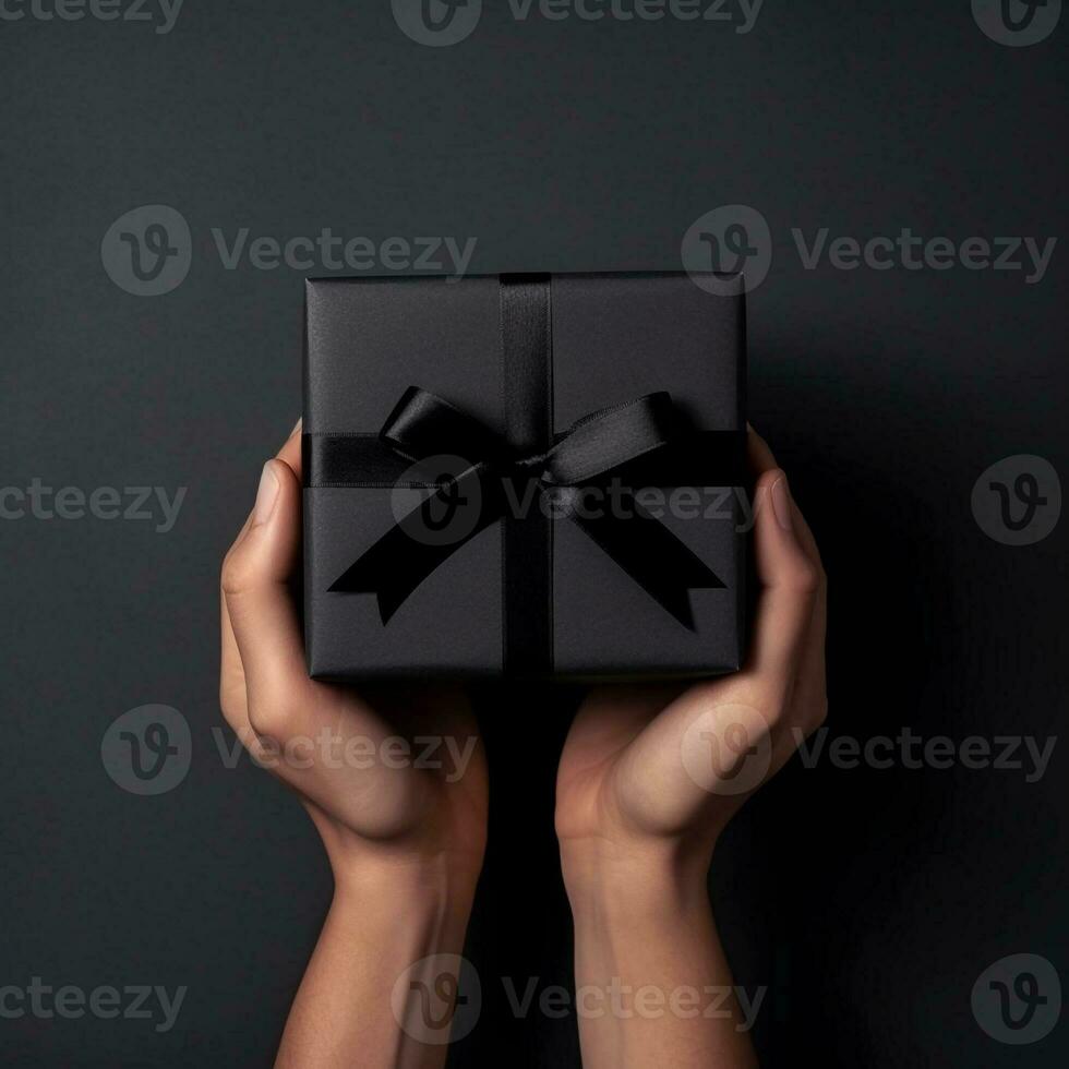 Top view at hands giving black giftbox, created with generative AI photo