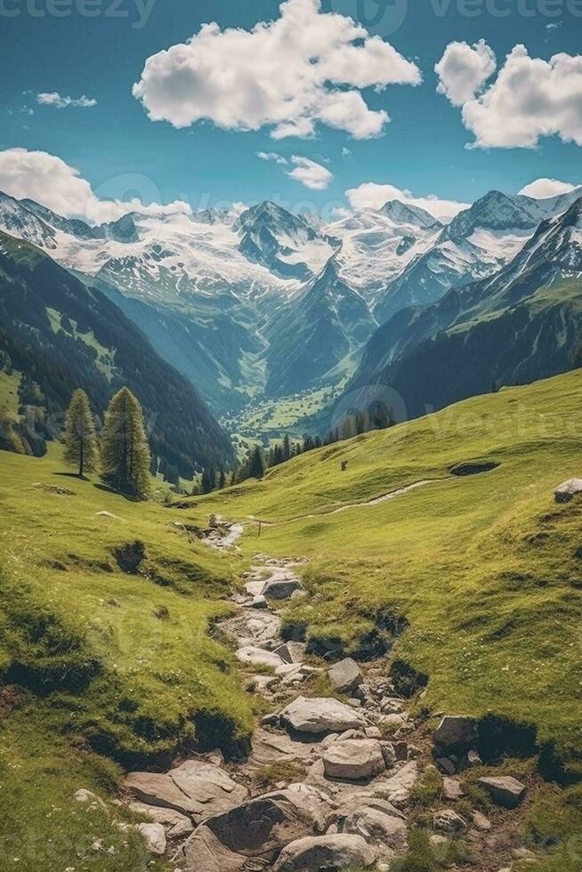 pequeño río en el montañas, creado con generativo ai foto