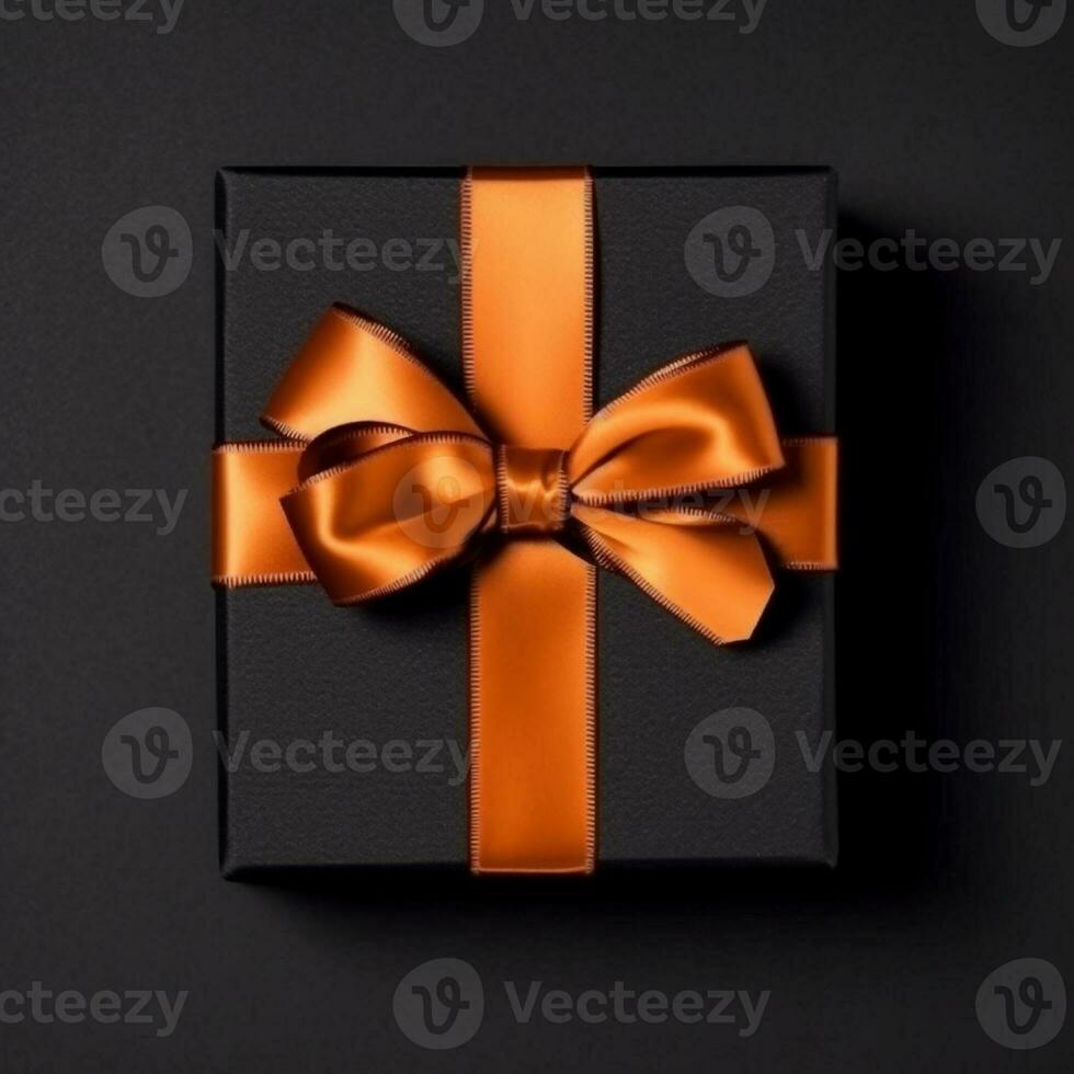 Top view at black gift box with orange ribbon, created with generative AI photo