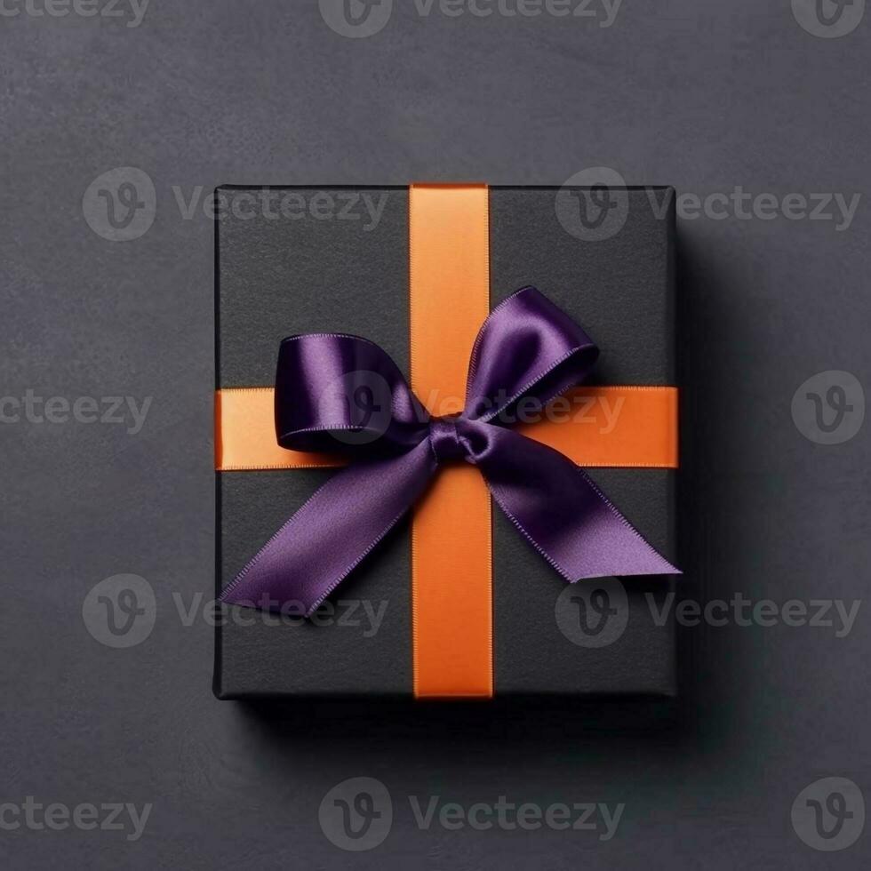 Top view at black gift box with orange and purple ribbons, created with generative AI photo