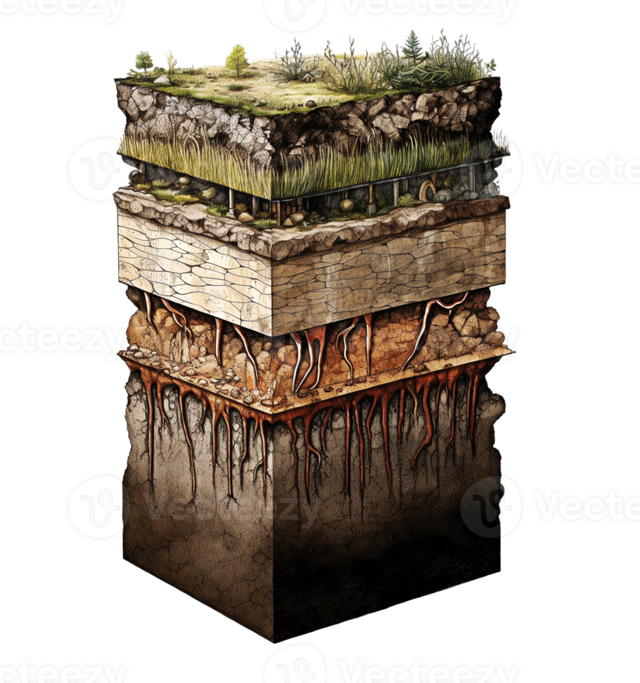 Stratigraphic section of soil with layers isolated on transparent background, created with generative AI png