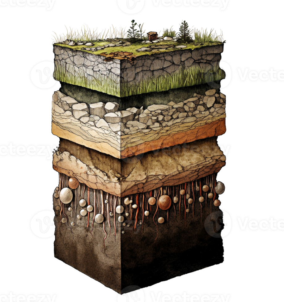 Stratigraphic section of soil with layers isolated on transparent background, created with generative AI png