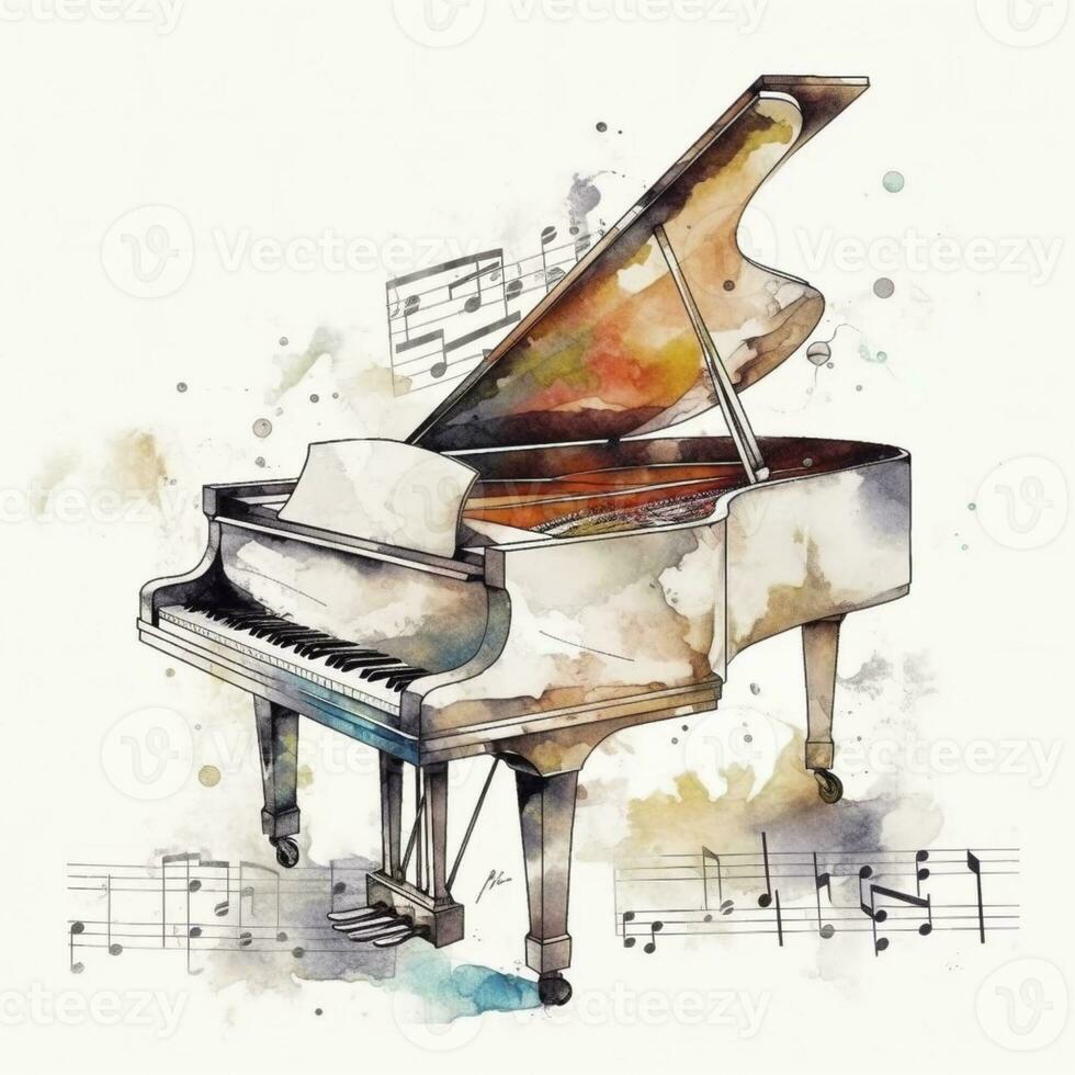 Piano and notes in watercolor style, created with generative AI photo