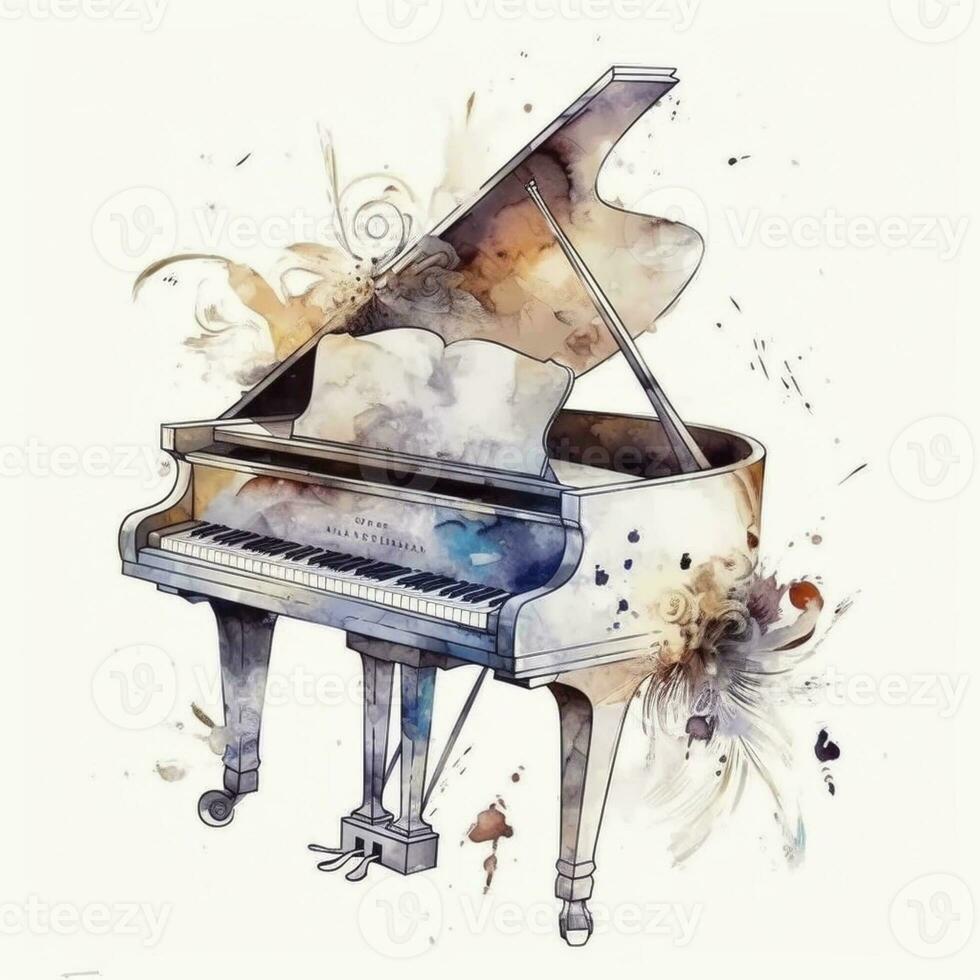 Piano and notes in watercolor style, created with generative AI photo